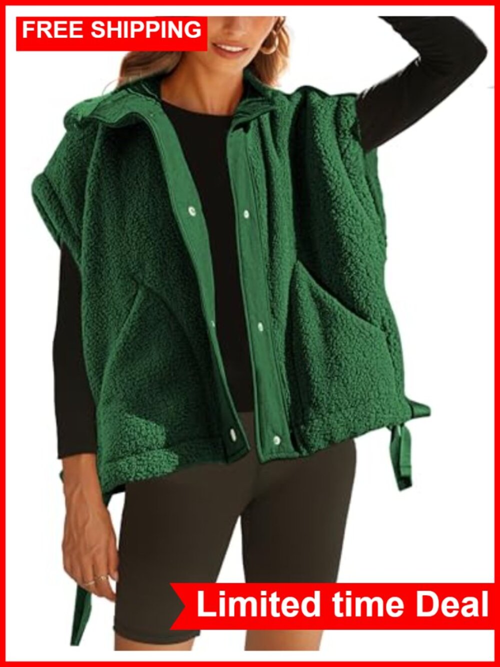 Oversized Sherpa Fleece Vest Sleeveless Snap Button Jacket